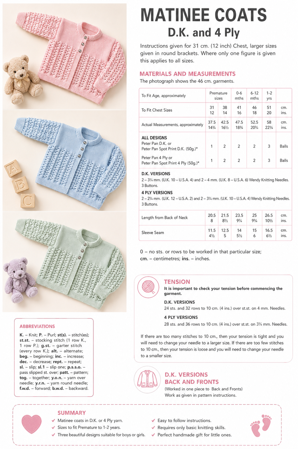 Baby Matinee Coat Knitting Pattern 3 Designs DK 4 Ply Premature–2 Years PDF