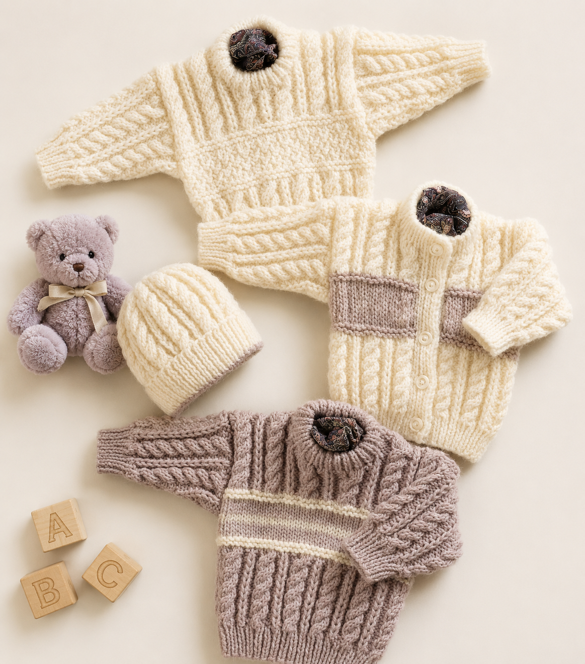 Aran Baby Child Sweater Cardigan Hat Knitting Pattern 16–30in