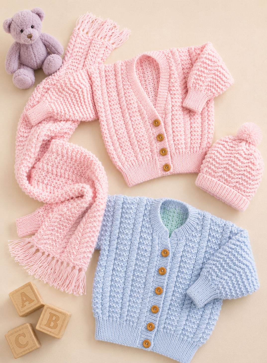Baby Cardigans Hat & Scarf DK Knitting Pattern 18–26" PDF