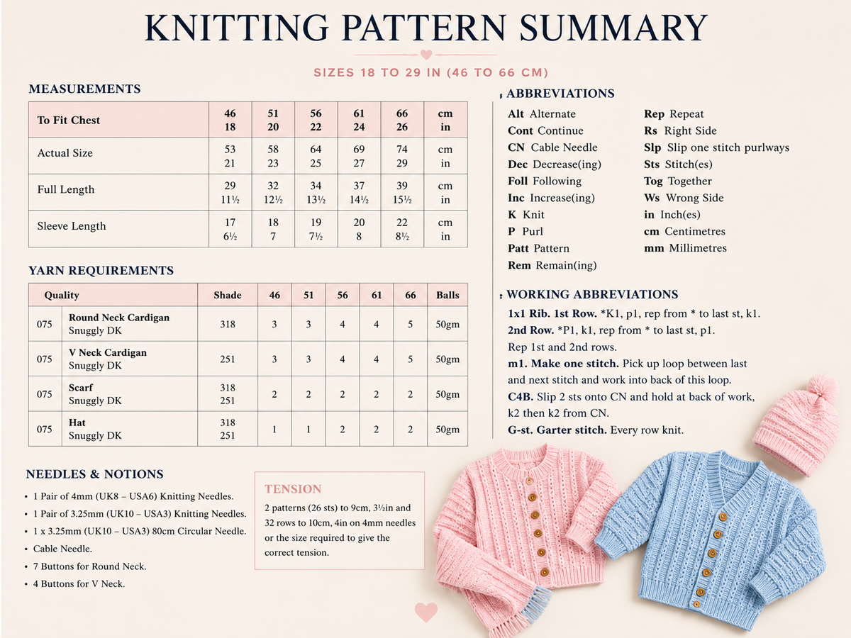 Baby Cardigans Hat & Scarf DK Knitting Pattern 18–26" PDF