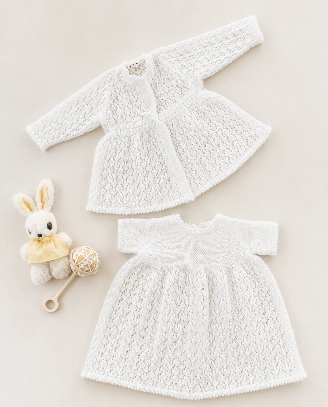 Baby girl-vintage short sleeved lacy dress & Lace matinee Jacket 2ply) yarn fits f 18" - knitting pattern
