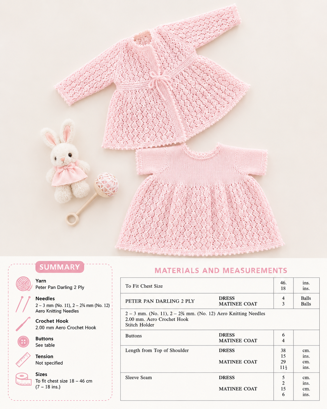 Baby girl-vintage short sleeved lacy dress & Lace matinee Jacket 2ply) yarn fits f 18" - knitting pattern