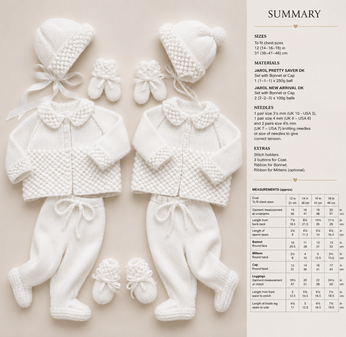 Baby girl Boy jacket- coat leggings  mitts & hat easy pattern 12" - 48" Premature sizes DK 8 ply knitting pattern