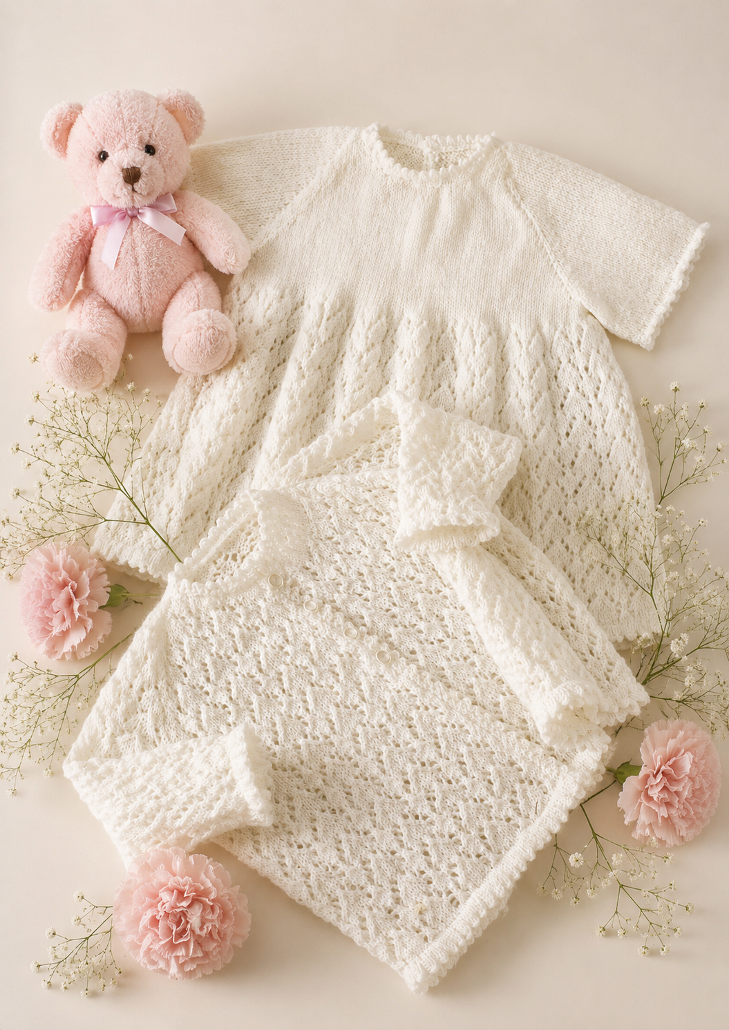 Baby girl-vintage short sleeved lacy dress & Lace matinee Jacket 2ply) yarn fits  18" - knitting pattern