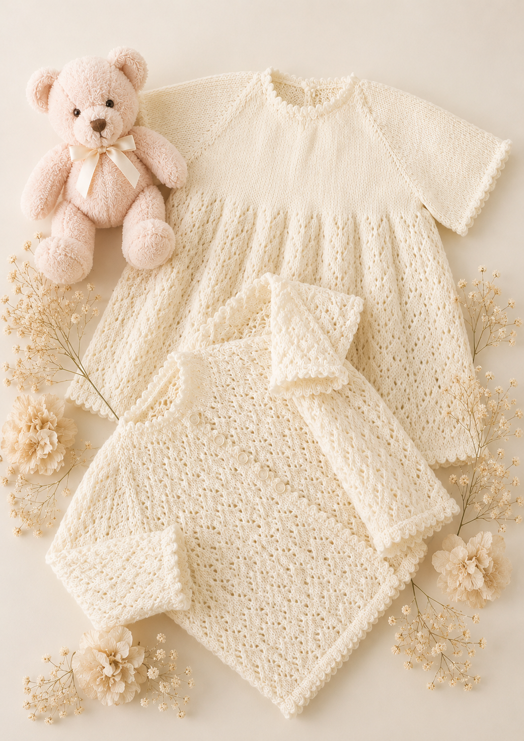 Baby girl-vintage short sleeved lacy dress & Lace matinee Jacket 2ply) yarn fits  18" - knitting pattern