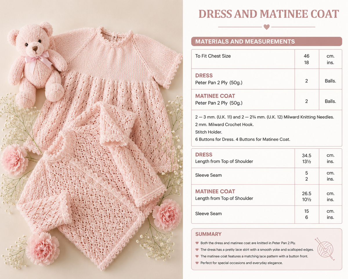Baby girl-vintage short sleeved lacy dress & Lace matinee Jacket 2ply) yarn fits  18" - knitting pattern