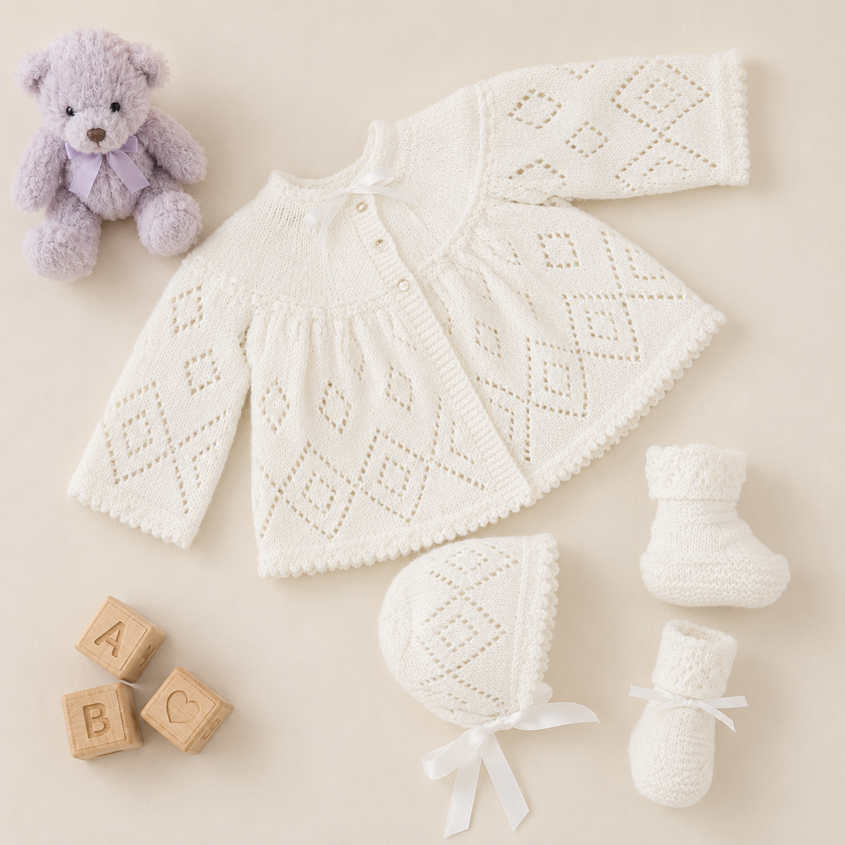 Vintage Baby Knitted lacy diamond Matinee Jacket- yoked style with Bonnet  bootees 17-18" chest 4 Ply knitting pattern