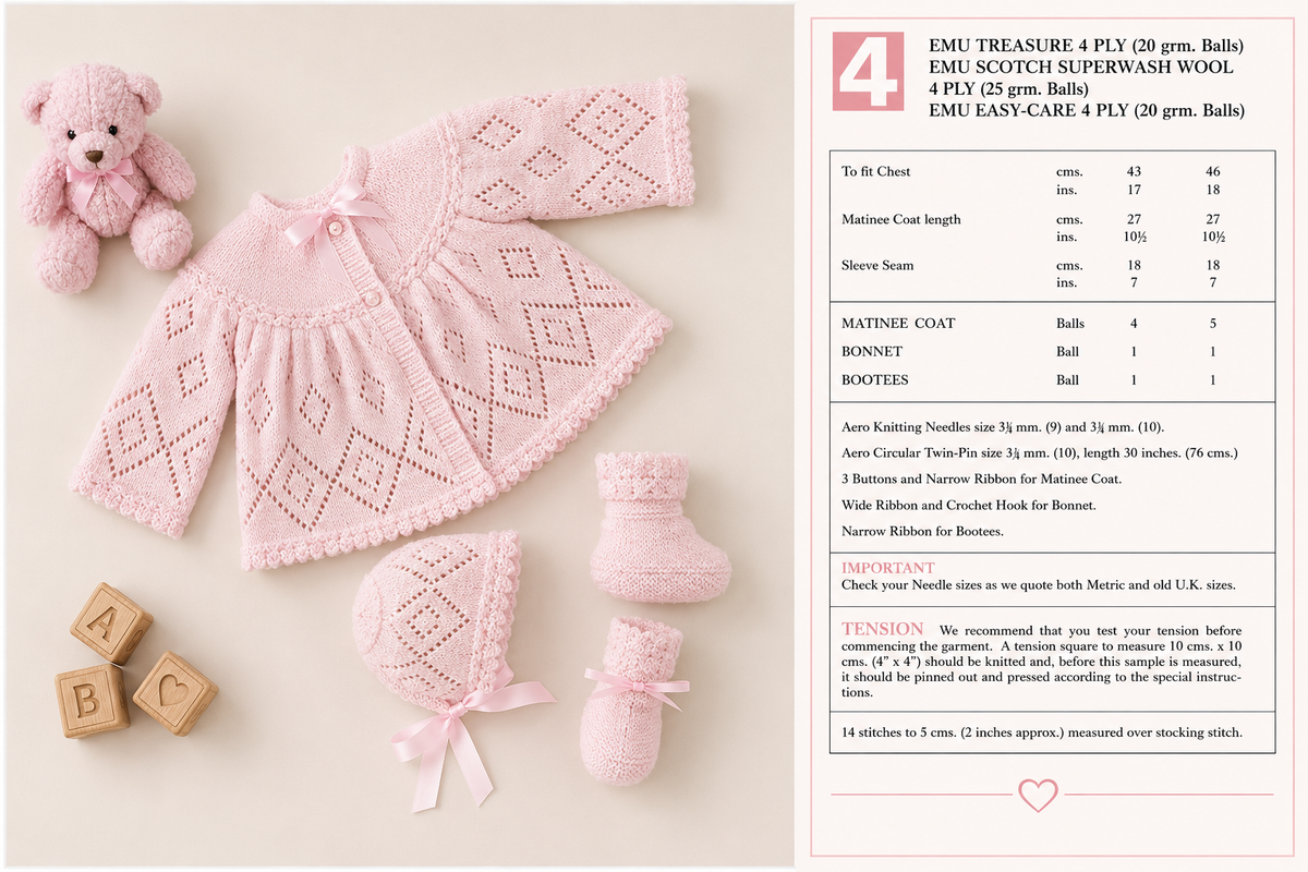 Vintage Baby Knitted lacy diamond Matinee Jacket- yoked style with Bonnet  bootees 17-18" chest 4 Ply knitting pattern