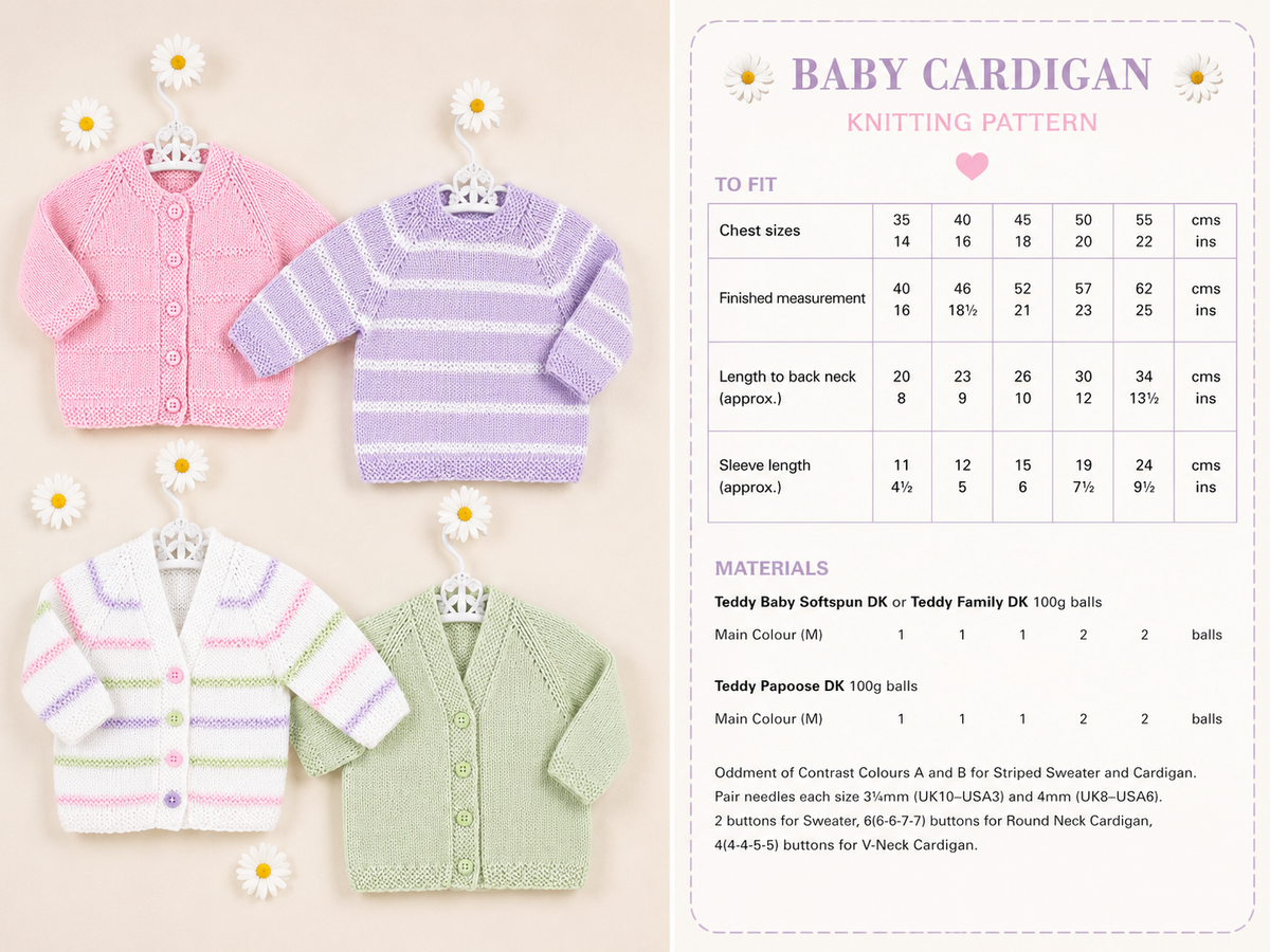 Baby easy Knit  Cardigans and sweaters in DK-8ply light worsted wool- fits chest 14-22 inches Knitting pattern