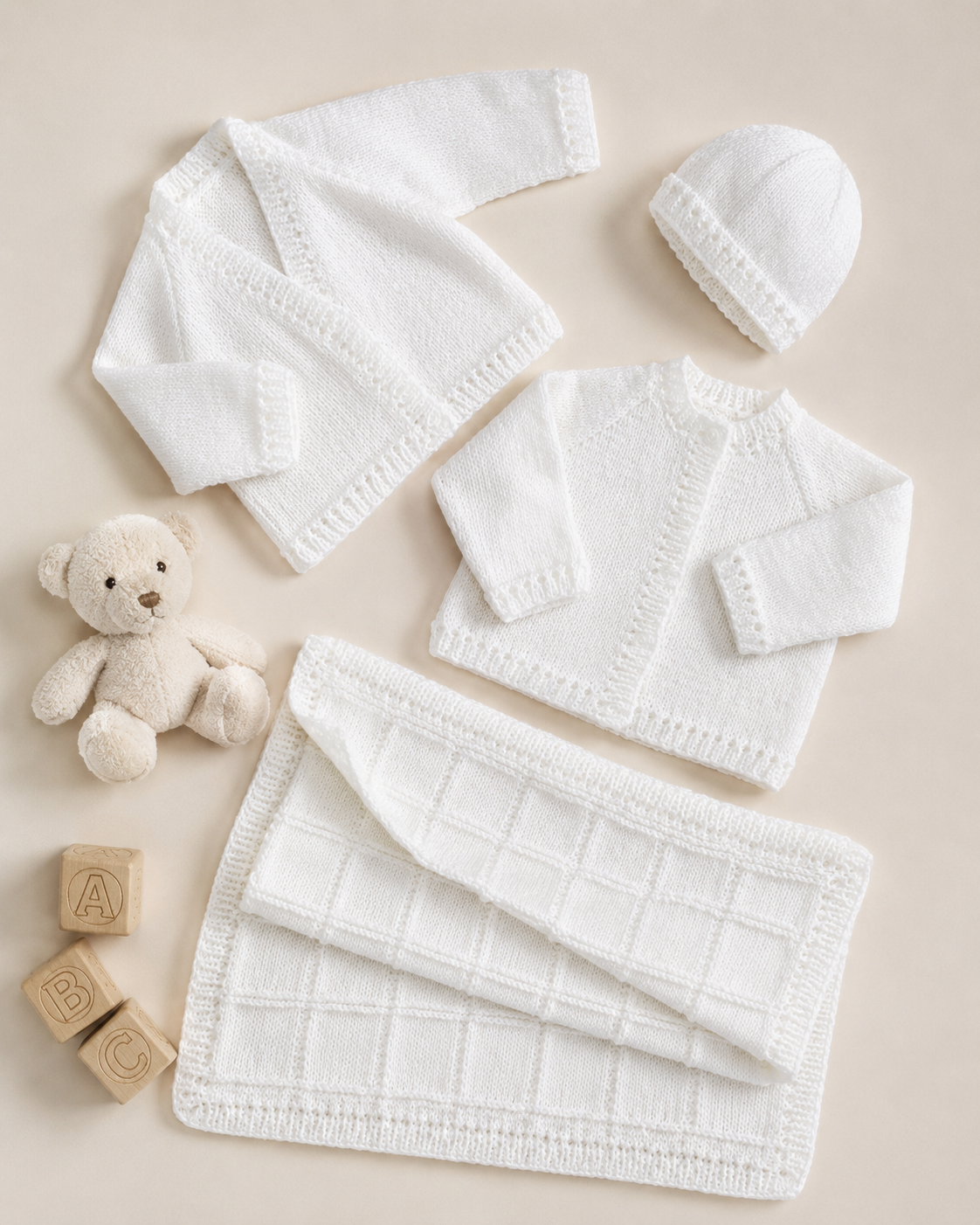 Baby  Cardigan Knitting Pattern – Plain Raglan  knit with hat & Blanket DK 8 Ply (0-18 Months)