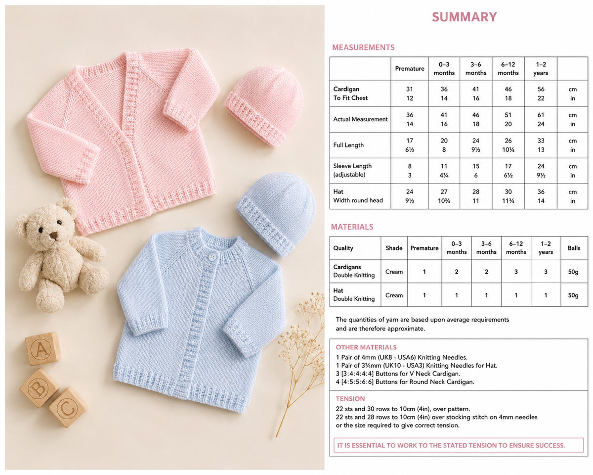 Baby  Cardigan Knitting Pattern – Plain Raglan  knit with hat & Blanket DK 8 Ply (0-18 Months)