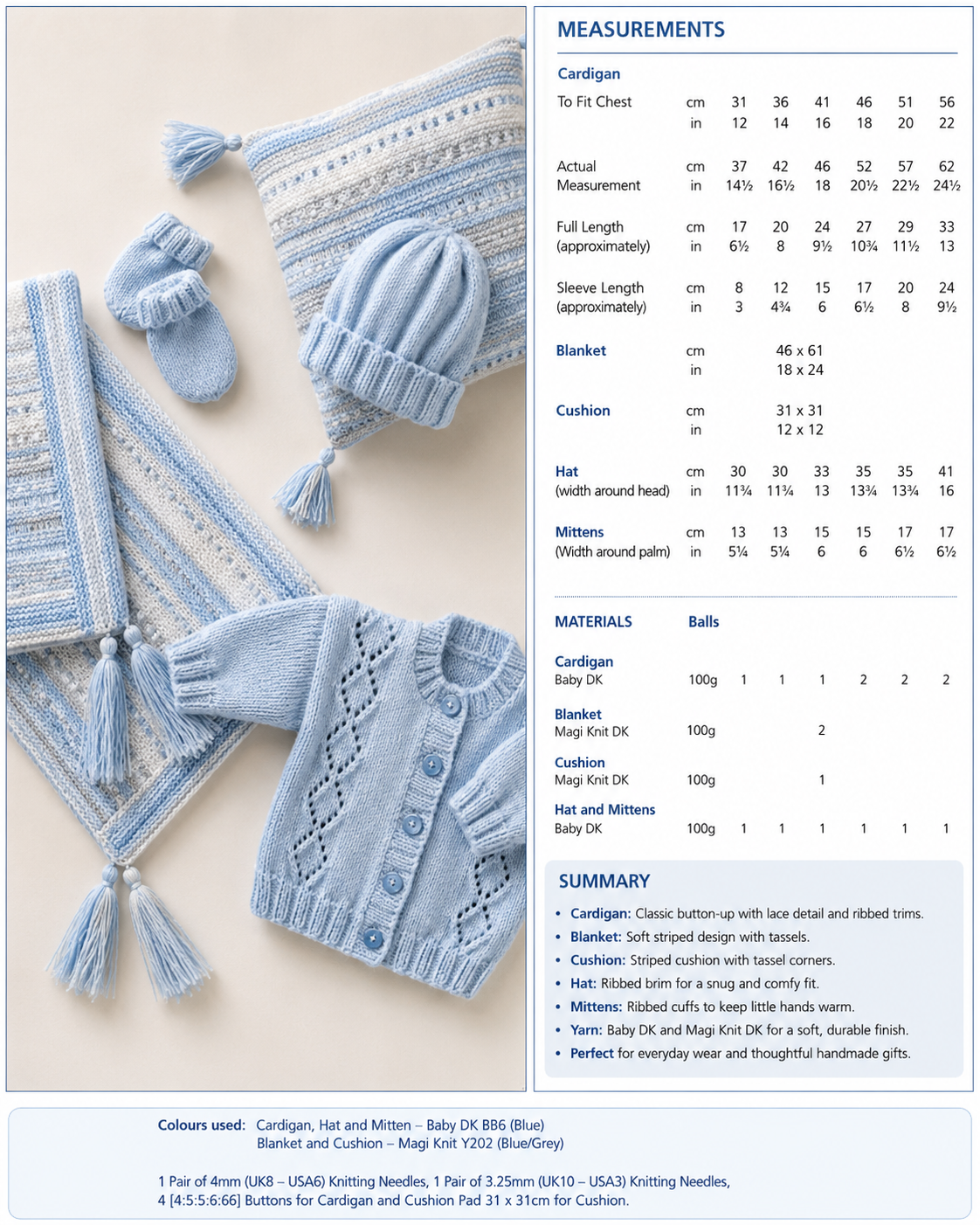Baby Diamond Easy Knit Cardigan Knitting Pattern, Boys Girls Hat  Mitts blanket DK Yarn (12" -22")