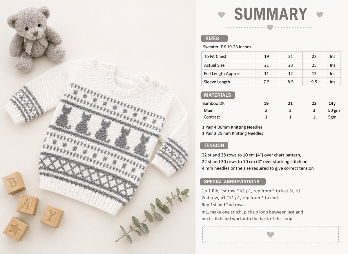 PDF Knitting Pattern Boys Girls Cat Fair Isle Intarsia Sweater/Jumper DK 19 - 23