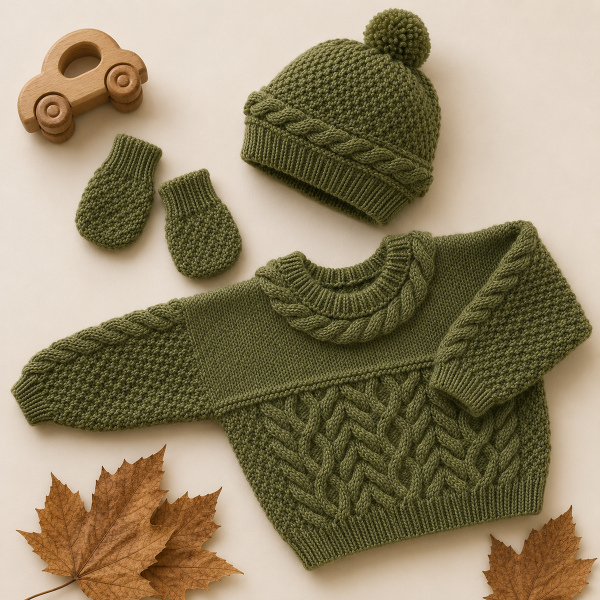Baby Cable Sweater, Hat & Mittens Knitting Pattern PDF – DK – Chest 16–22 inches