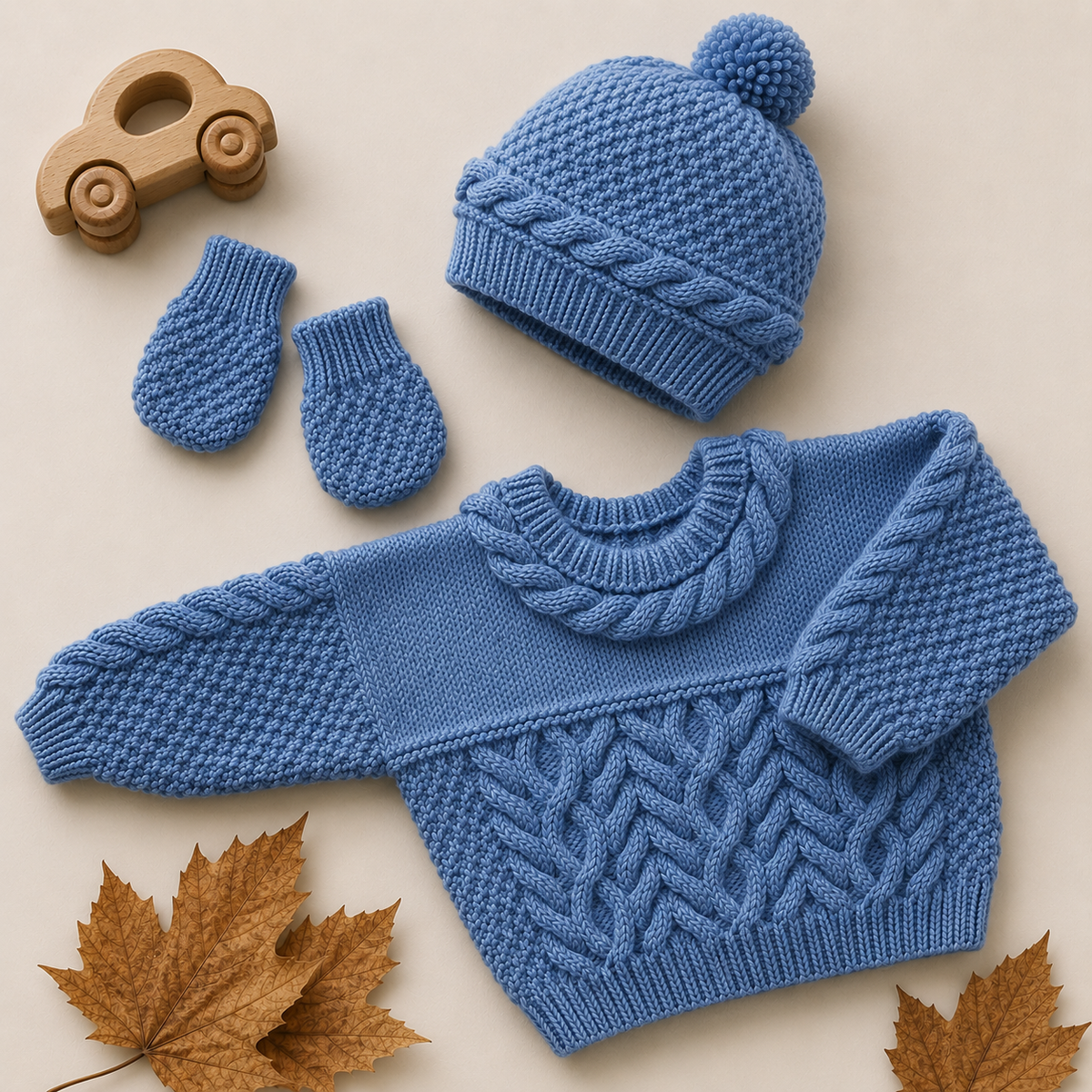 Baby Cable Sweater, Hat & Mittens Knitting Pattern PDF – DK – Chest 16–22 inches