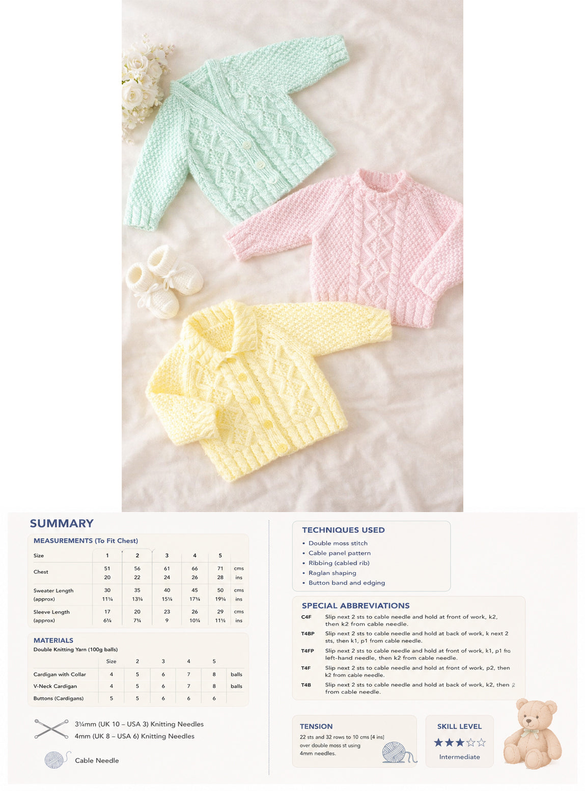 Baby Cable Sweater & Cardigans DK Knitting Pattern 14–22" Chest PDF