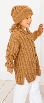 Childs Long Cable Jacket, Hooded jacket, Cardigan & Hat Fits Birth-6 years- DK- 8ply Light Worsted Yarn-  Knitting pattern Download PDF