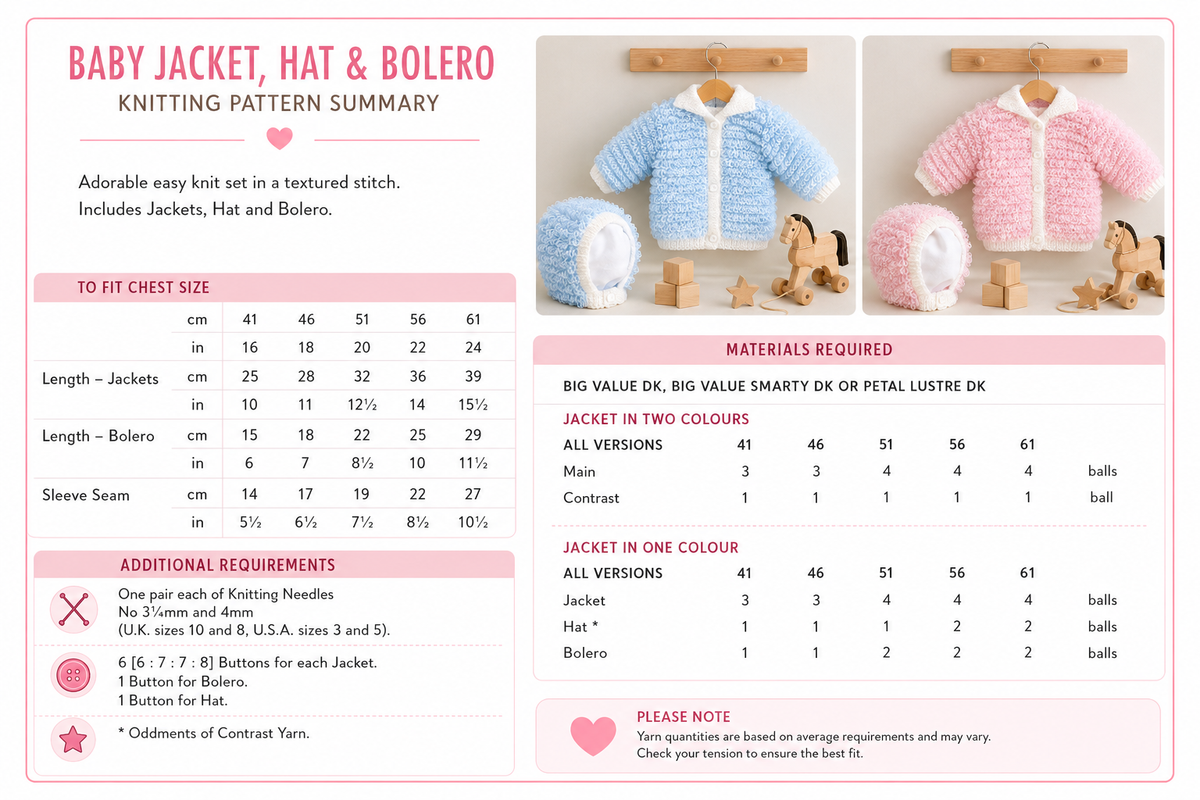 Baby Cardigan Hooded coat waistcoat & Hat Knitting Pattern, DK Yarn (16-24") 0-4 yrs