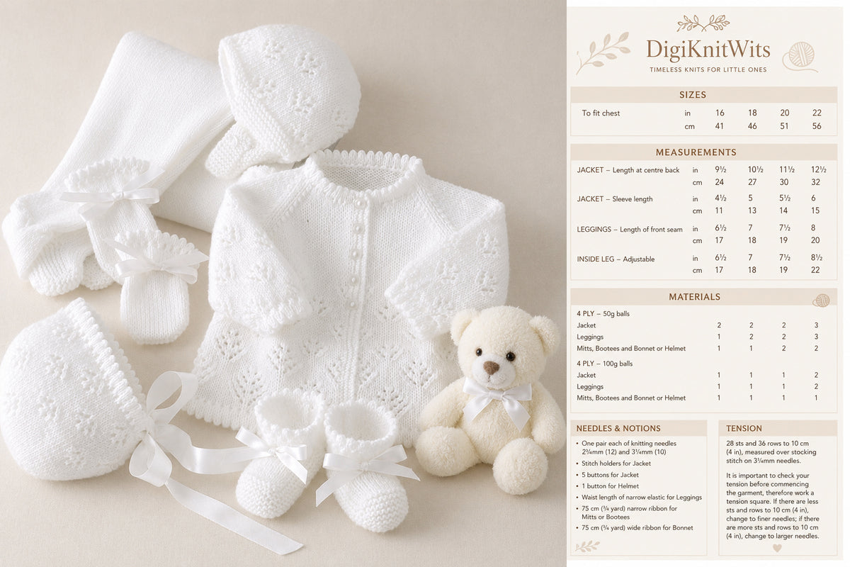 Vintage baby boy girl Pram outdoor set, jacket leggings hat mitts & Bootees in 4ply Knitting Pattern