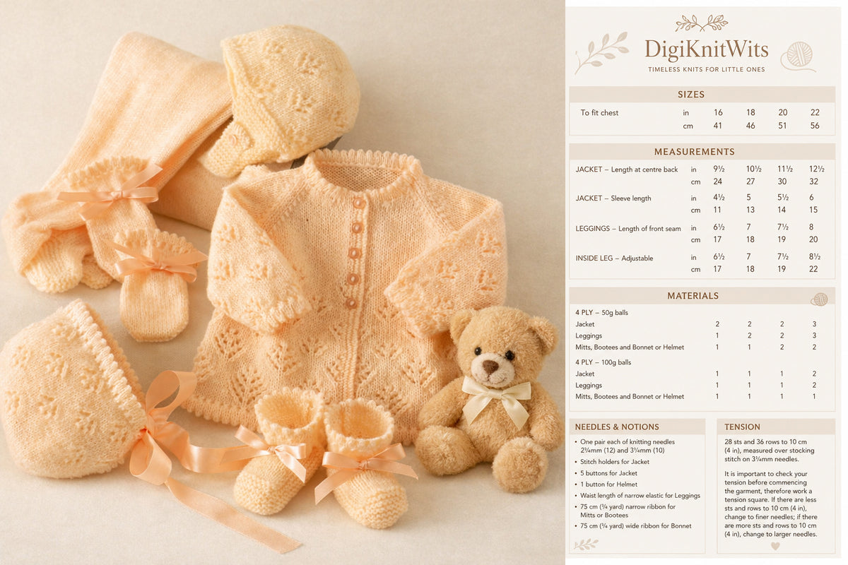 Vintage baby boy girl Pram outdoor set, jacket leggings hat mitts & Bootees in 4ply Knitting Pattern