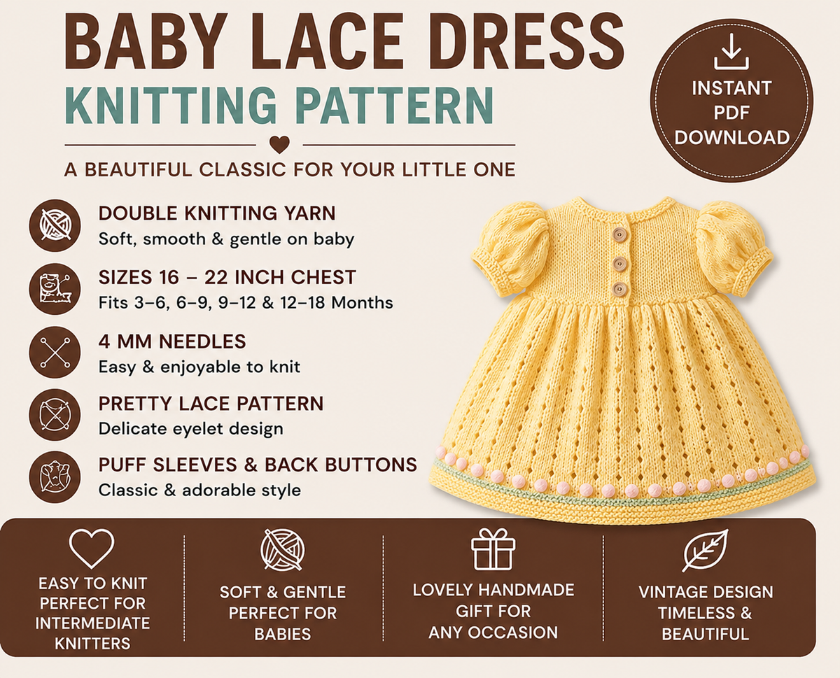 Baby Girl-Toddler puff sleeved lacy dress DK (8 ply) Yarn Fits from 16-22" - Knitting pattern  Download PDF