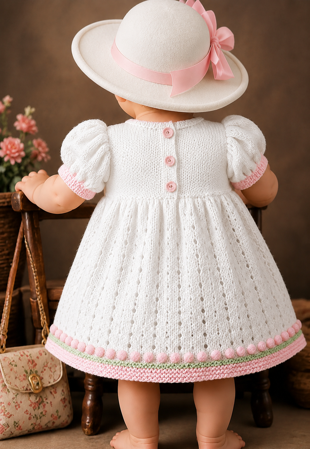 Baby Girl-Toddler puff sleeved lacy dress DK (8 ply) Yarn Fits from 16-22" - Knitting pattern  Download PDF