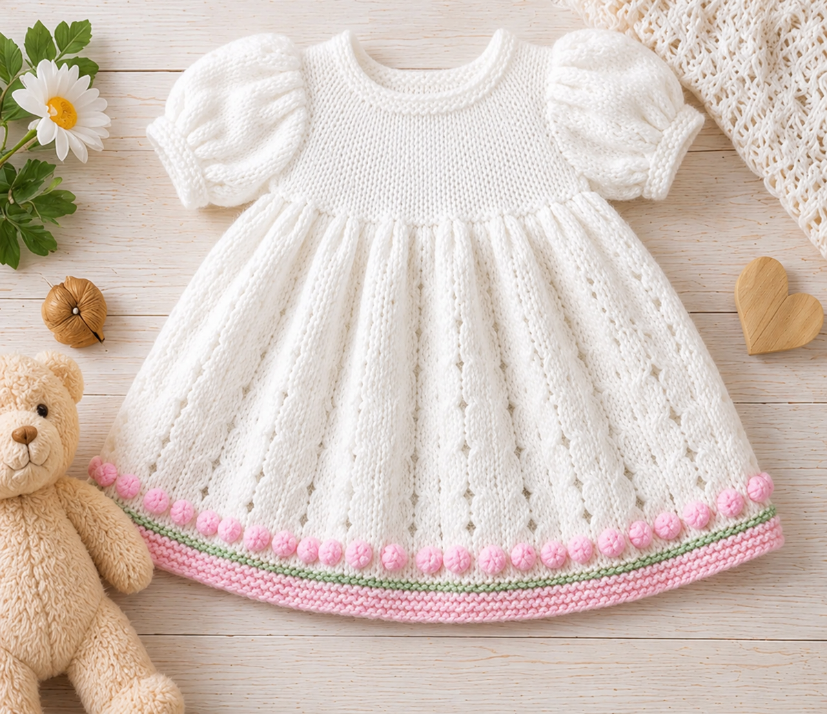 Baby Girl-Toddler puff sleeved lacy dress DK (8 ply) Yarn Fits from 16-22" - Knitting pattern  Download PDF