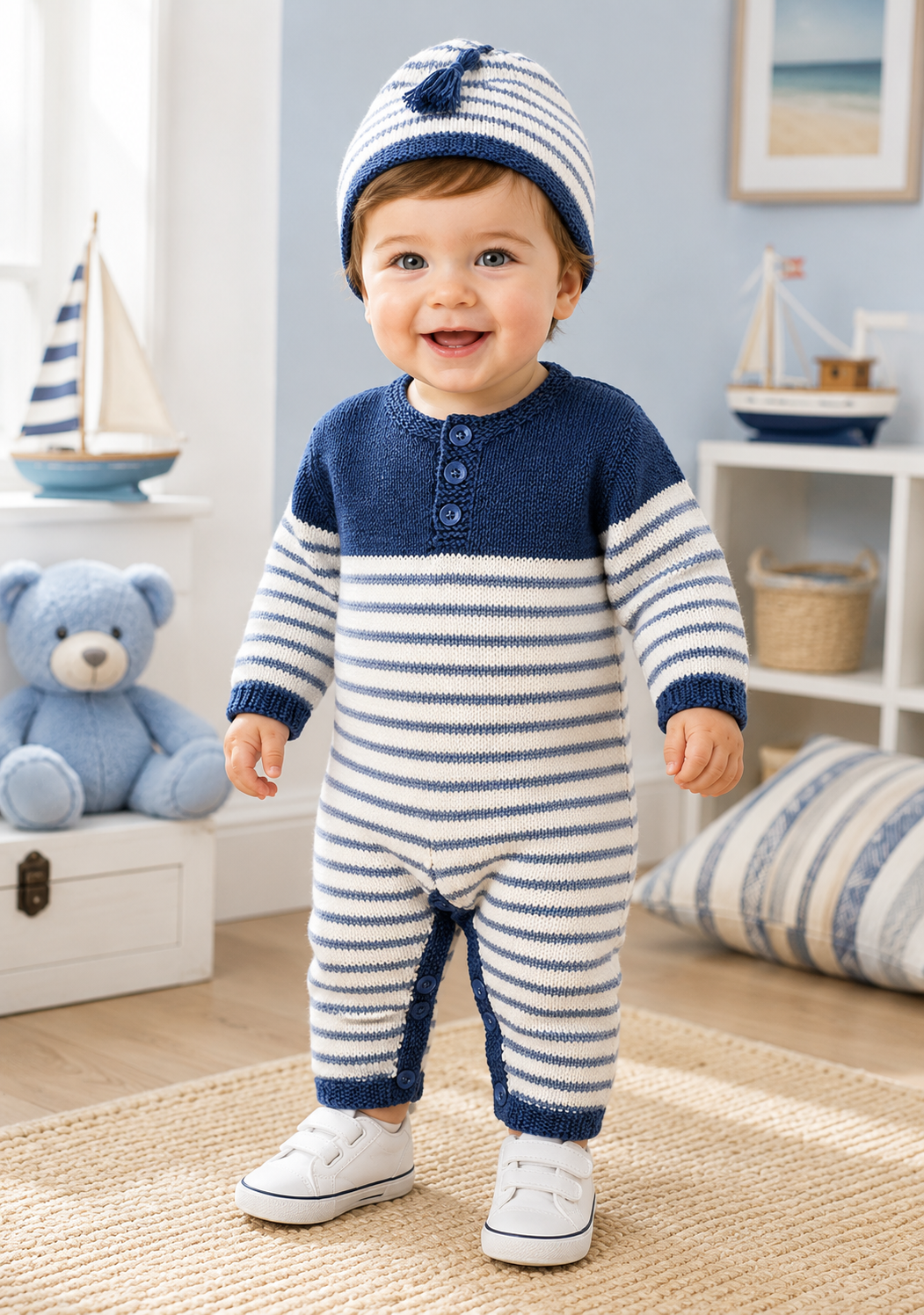 Baby Knit Romper ~ playsuit with hat, button fastening- Birth- 3 years - Vintage Knitting Pattern - DK 8Ply Light Worsted wool PDF Download