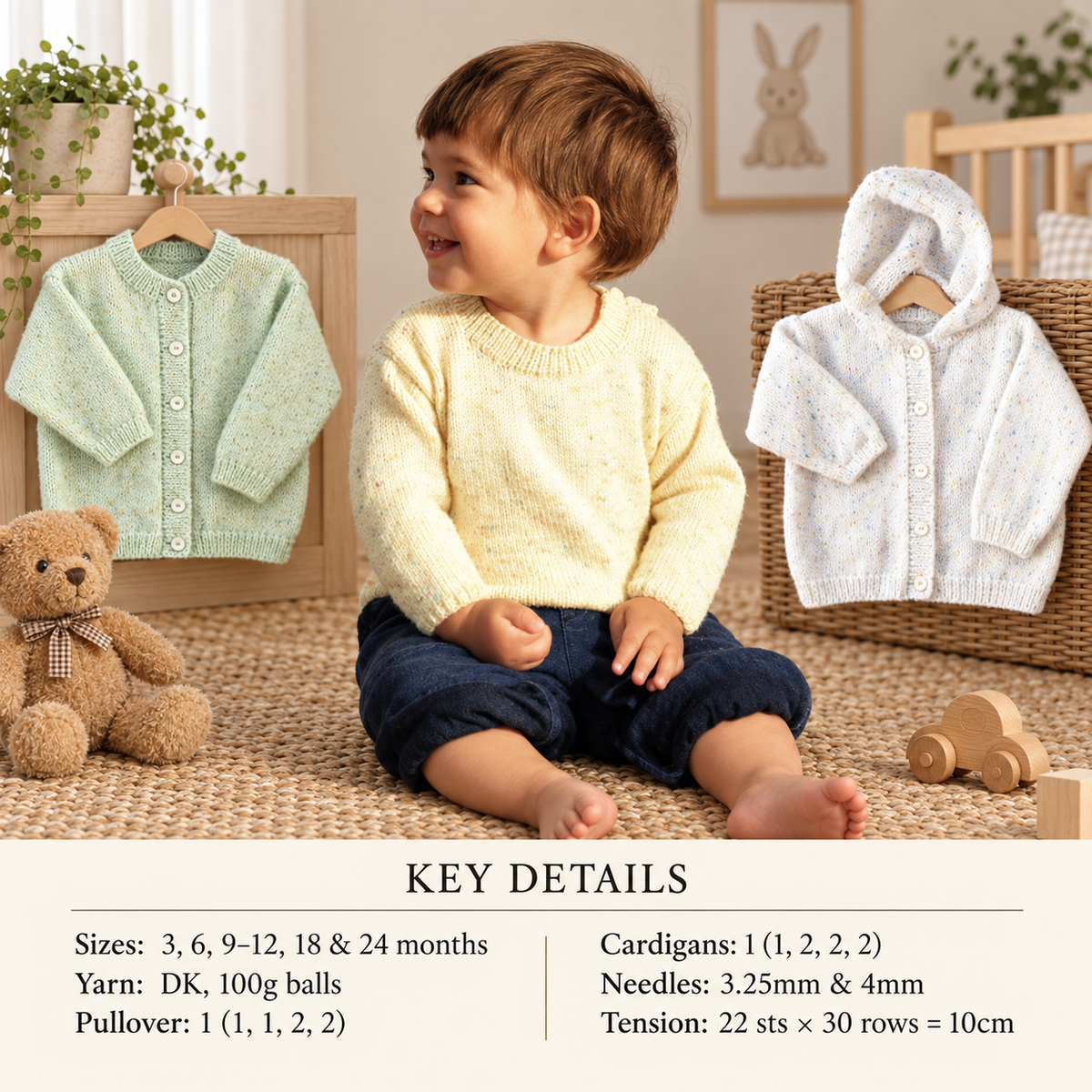 Baby Boy Girl Round neck Cardigan- Sweater & hooded Jacket Easy Beginner knitting pattern 3-24 months DK 8 Ply Light Worsted  Download PDF