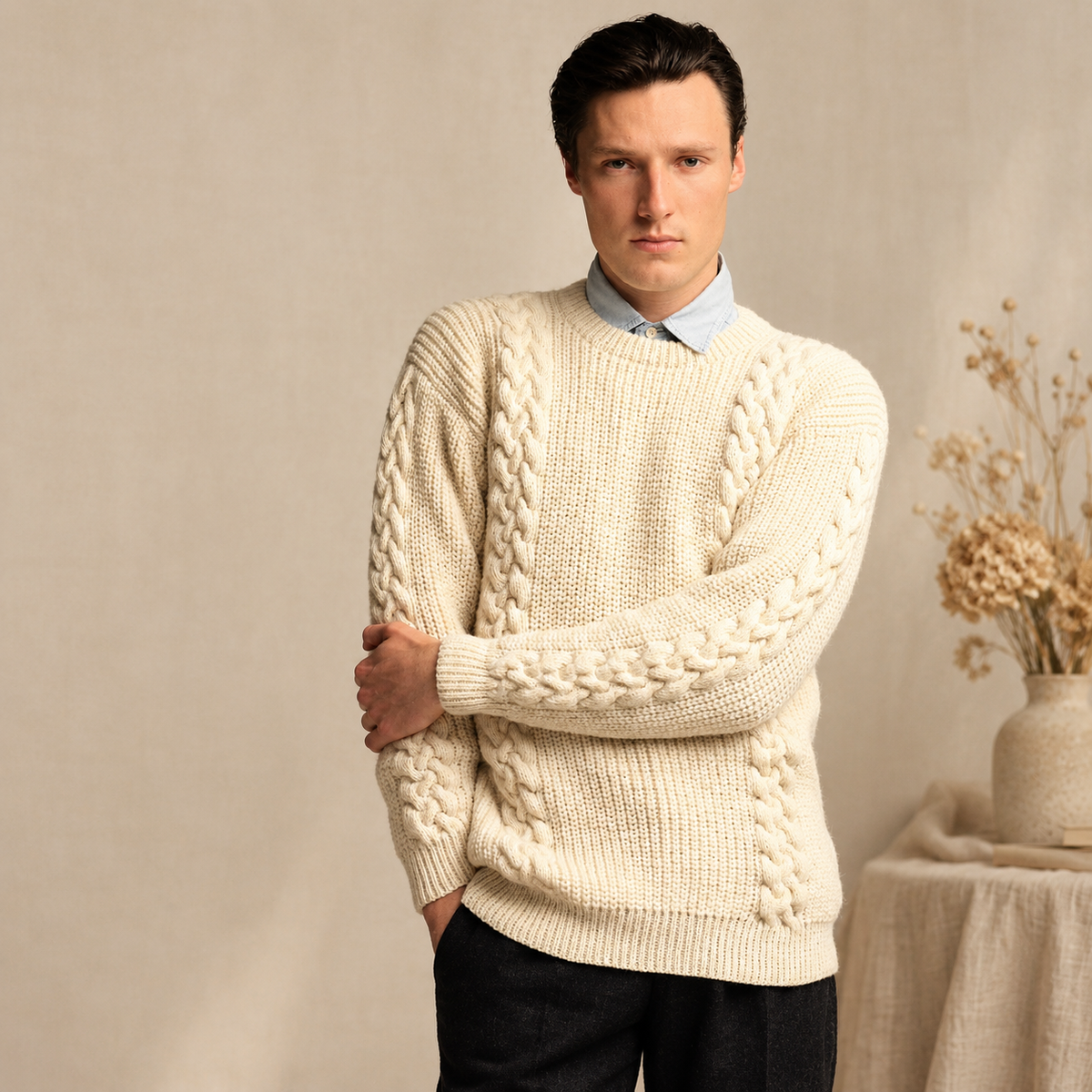 Man's Fishermans Rib and Cable Round Neck sweater in DK/8Ply Wool - Instant download PDF Knitting Pattern