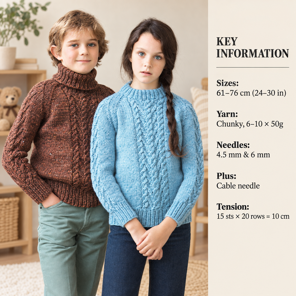 Boy Girls Chunky Sweaters, jumper, polo neck round neck raglan sleeves Chunky Bulky 12 ply Knitting pattern download PDF 24" - 30" chest