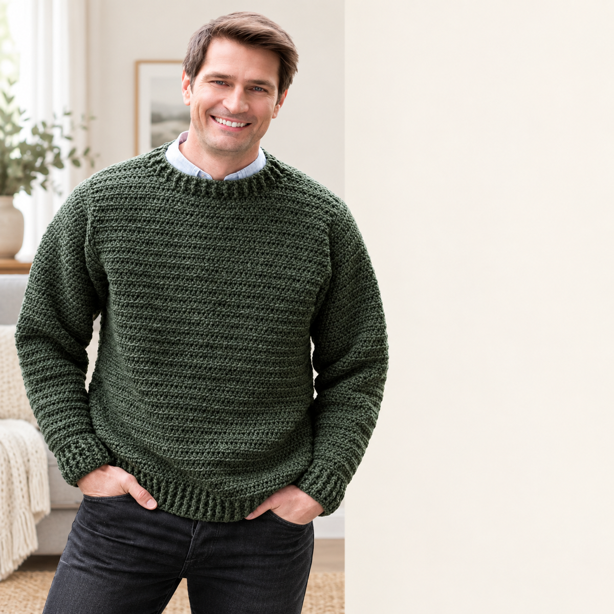 Man's  Crocheted Sweater Round Neck Size 28" -54" _ 10 Ply  Aran Worsted Yarn Pullover