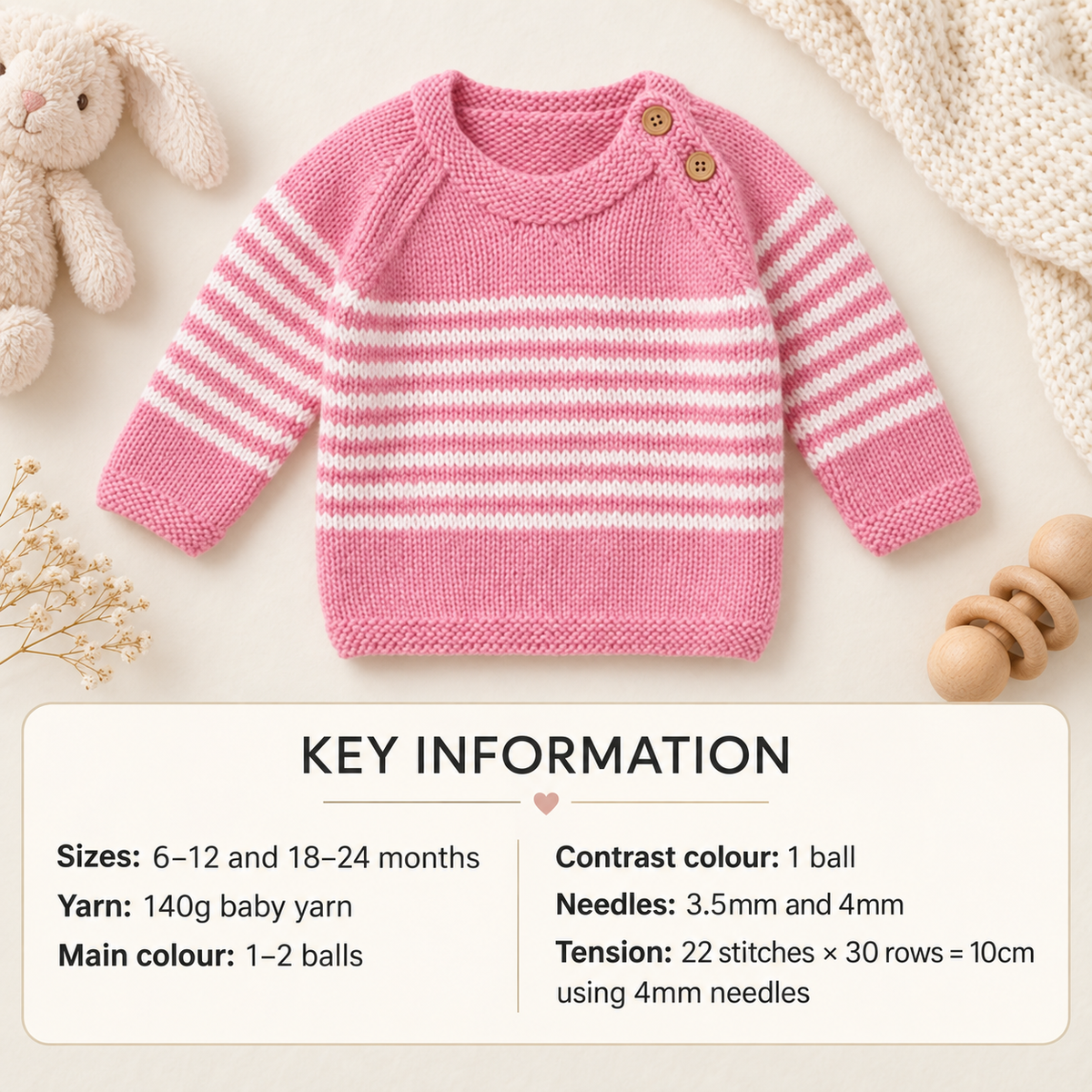 Easy Knit Babies Toddlers Striped Raglan Jumper & Hat -Button shoulder Knitting Pattern- 17"- 20" (6 m 24 m) DK (8ply)
