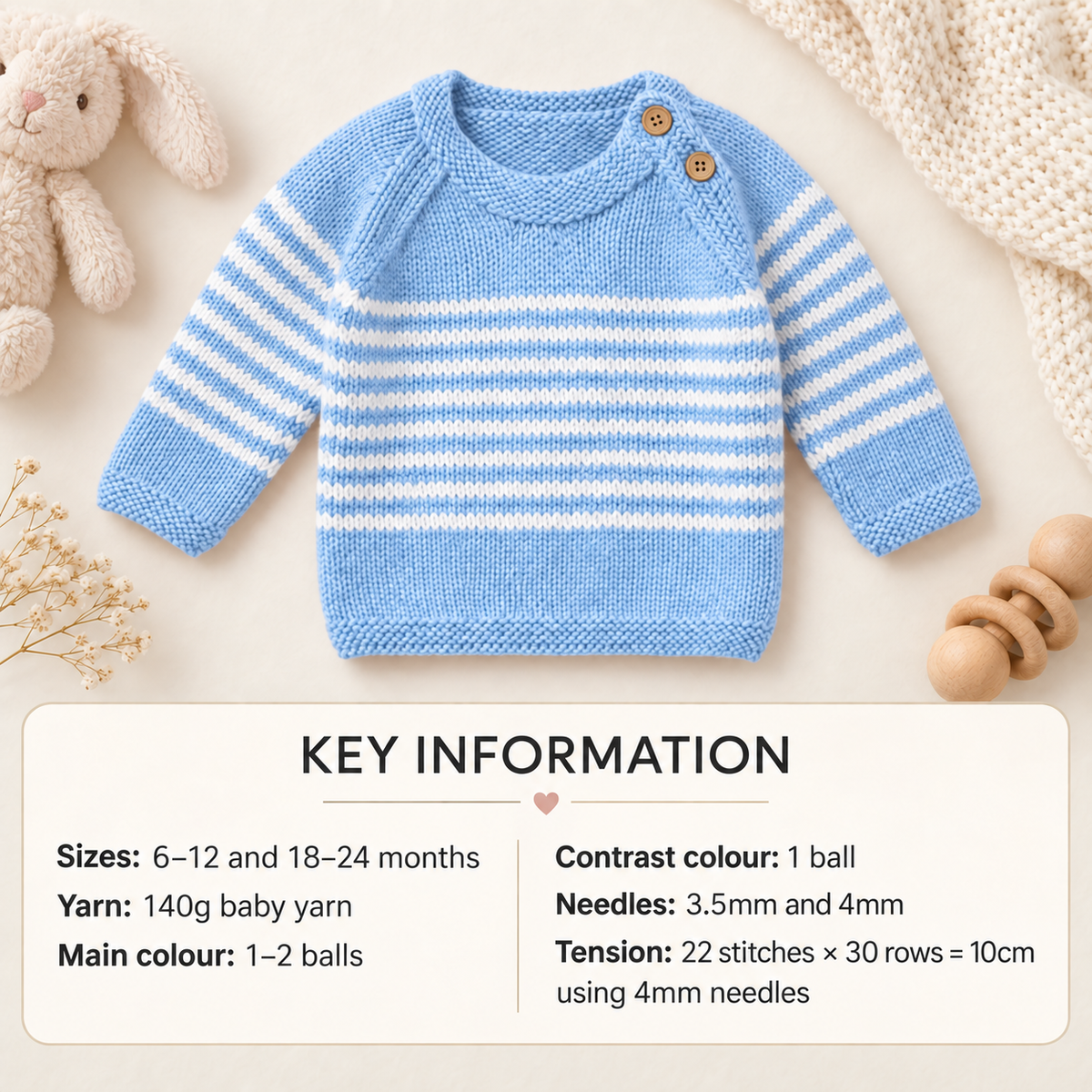 Easy Knit Babies Toddlers Striped Raglan Jumper & Hat -Button shoulder Knitting Pattern- 17"- 20" (6 m 24 m) DK (8ply)