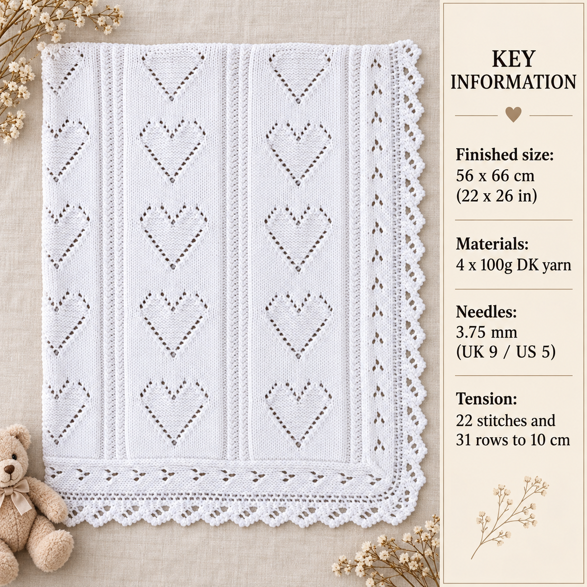 Baby Shawl with Eyelet Heart Pattern & Lace Edge- Knitted in DK Cotton -8 ply - Light worsted Knitting Pattern -Size  22" x 26"