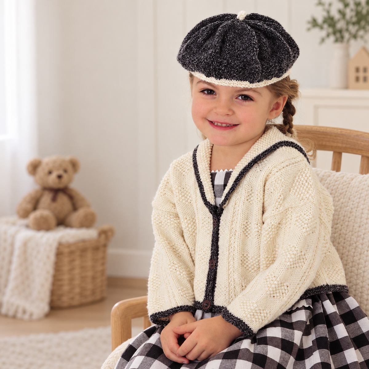 Girl's Textured Sailor Collar Cardigan-Jacket  & beret Knitting Pattern -fits chest 20-30" (6m-10)  DK (8 PLY) PDF download