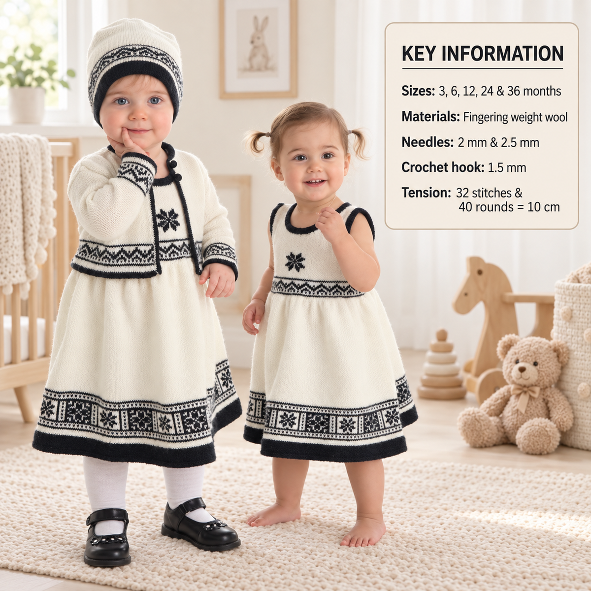 Fair Isle Norwegian-Cardigan  Dress & Hat Knitting Pattern Girl's Download PDF- see images for further information 3-36 months