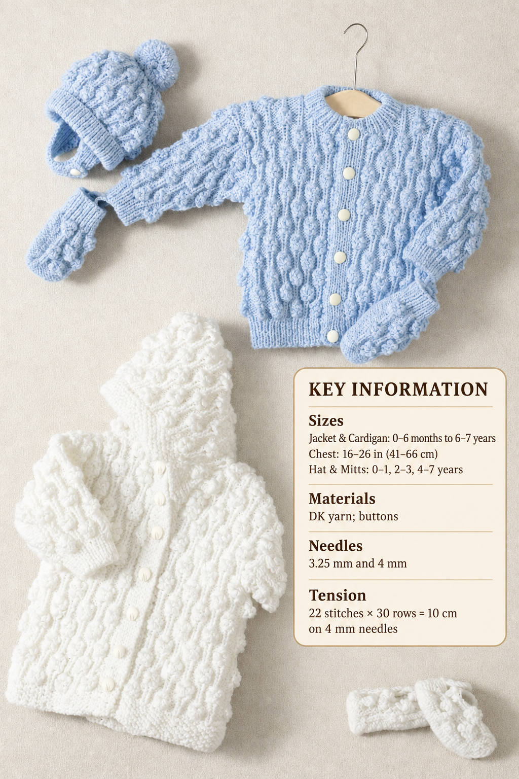 Hooded Popcorn Stitch Hooded jacket 7 Cardigan with Hat - Mitts DK (8ply)16- 26" ( 0-7Years) Knitting pattern, Download PDF