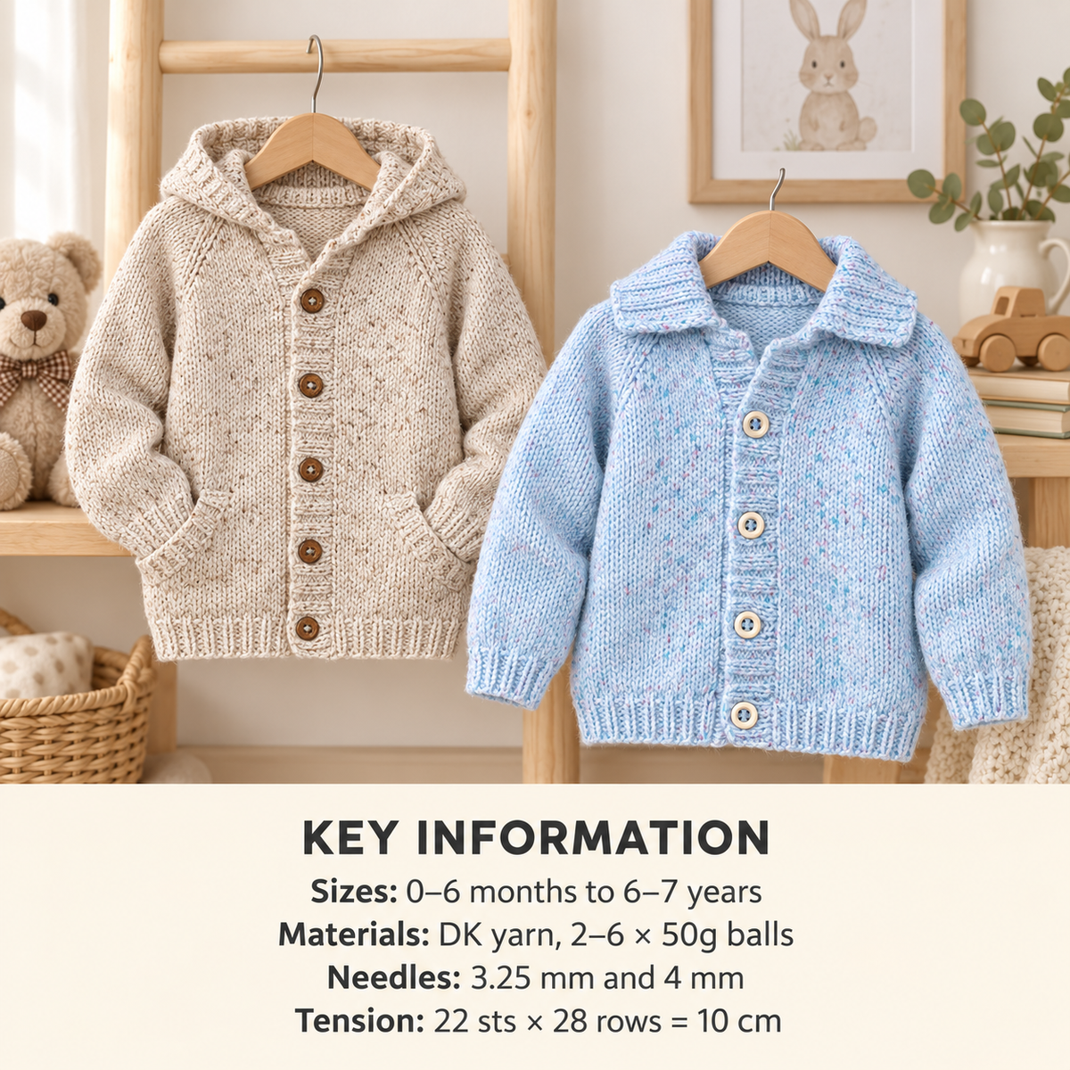 Baby Easy Raglan Hooded Jacket & Cardigan with collar  16"- 26" ~  ( 0-7 yrs) DK 8 Ply Light Worsted Knitting Pattern