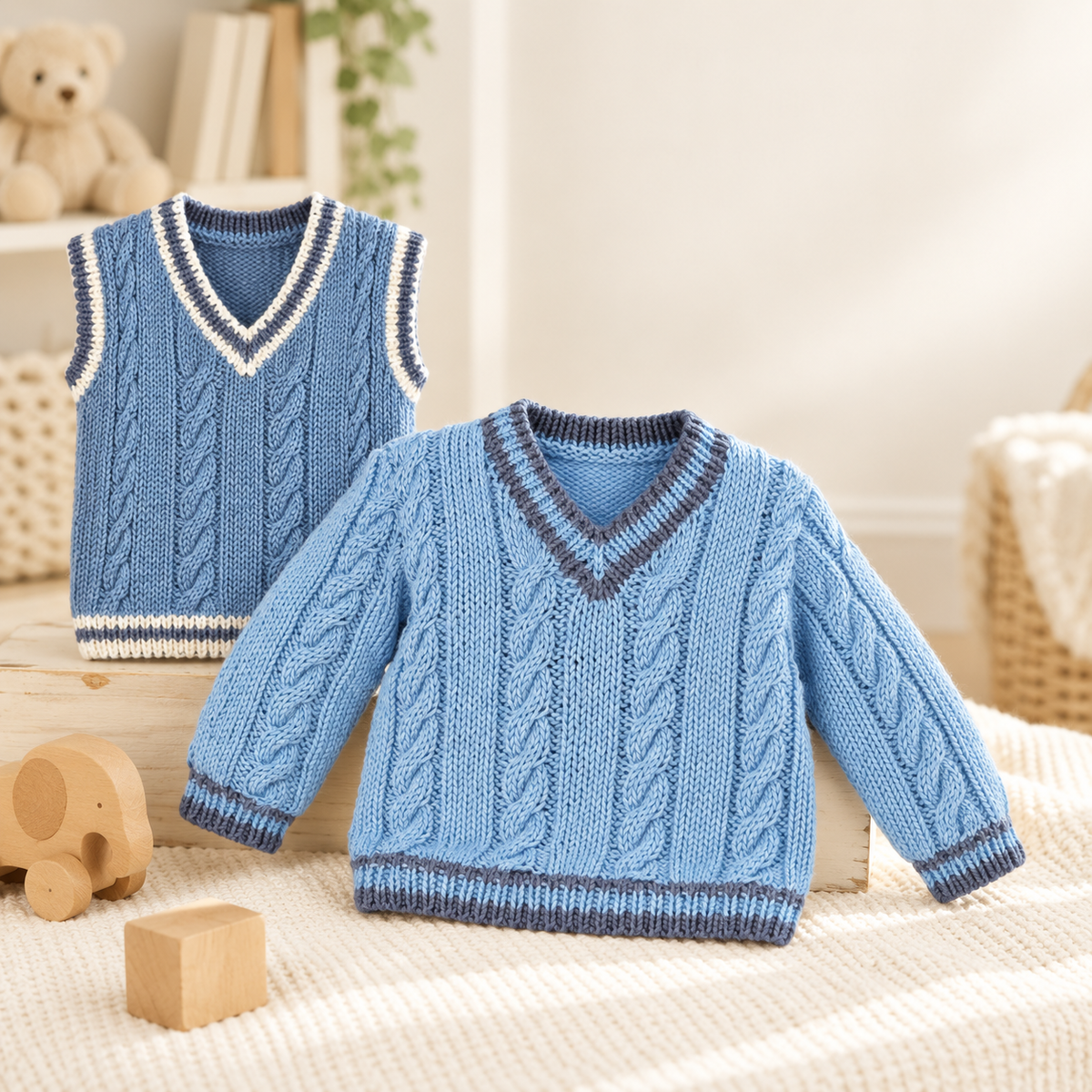 Boys V Neck Cricket style Cable Rib Jumper Sweater & slipover Tank top  Knitting pattern- DK (8ply) Chest  16-26" (0-7 years)