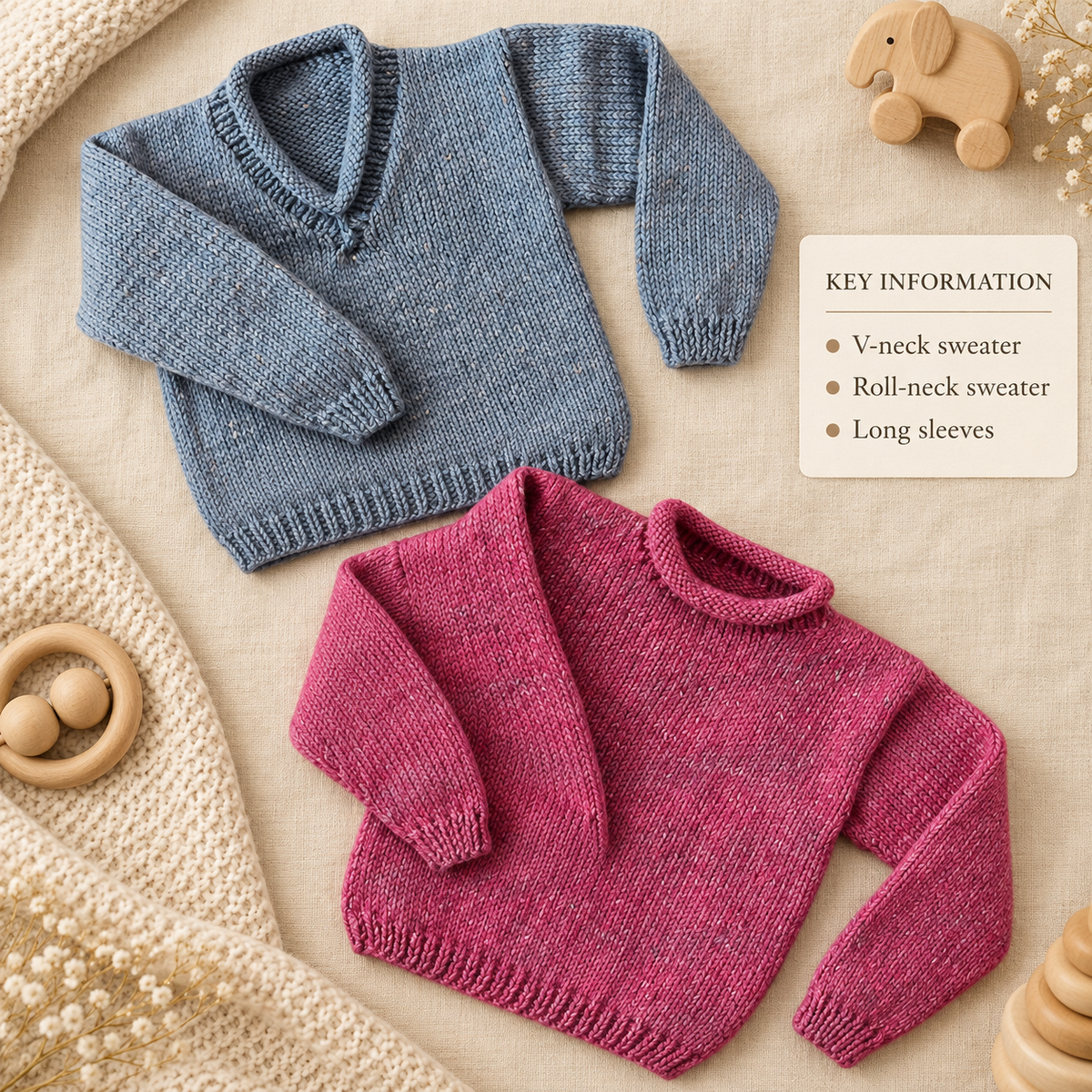 Child's Easy Round & V neck roll neck sweaters- jumpers - Knitting Pattern -Chunky- Bulky (12 ply) PDF Download-20-30" chest