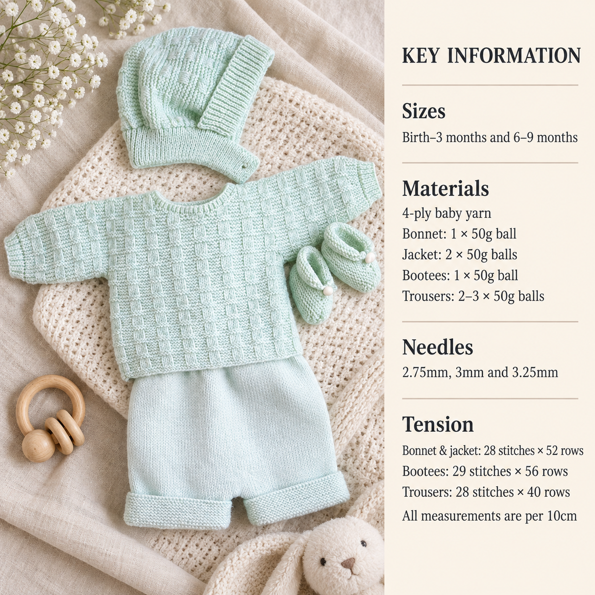 Easy Baby Basket Weave wrap around sweater- Garter stitch pants & boots - hat  fits Birth - 6  months" ~ 4 Ply Knitting Pattern PDF Download