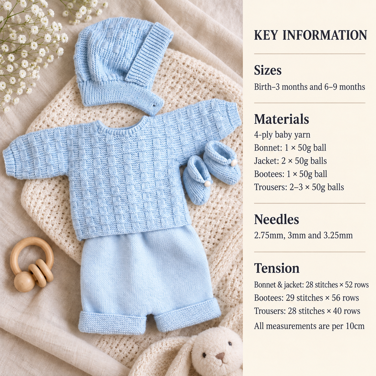 Easy Baby Basket Weave wrap around sweater- Garter stitch pants & boots - hat  fits Birth - 6  months" ~ 4 Ply Knitting Pattern PDF Download