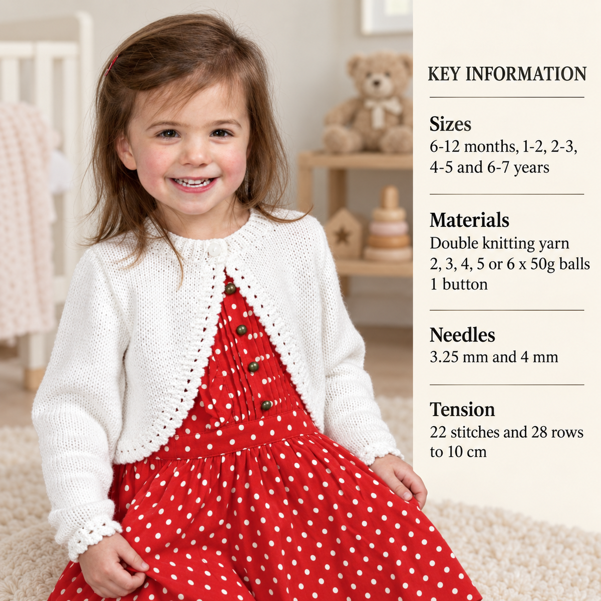 Girl's Easy Bolero Cardigan with picot edge Long sleeves, DK 8Ply Light worsted wool 50 - 72 cm ( 6m - 7 yrs) Knitting Pattern Download PDF