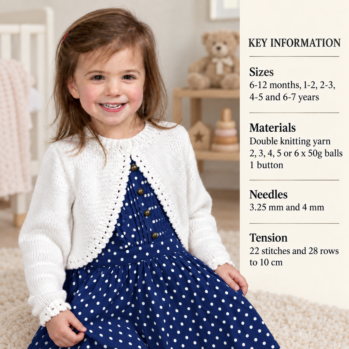Girl's Easy Bolero Cardigan with picot edge Long sleeves, DK 8Ply Light worsted wool 50 - 72 cm ( 6m - 7 yrs) Knitting Pattern Download PDF