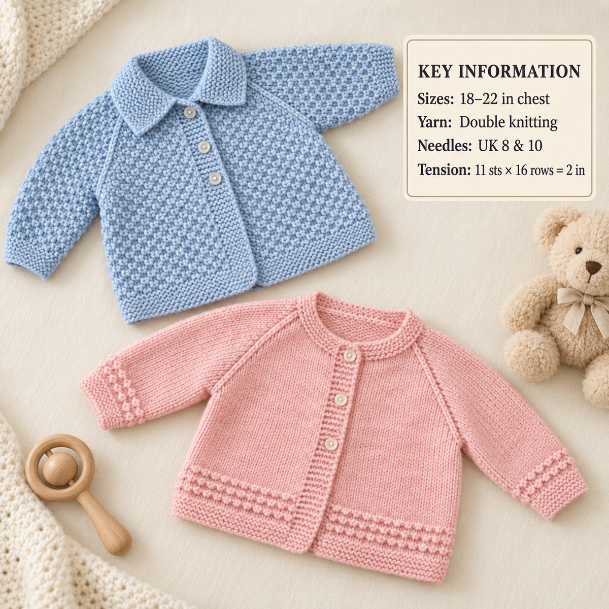 Easy  Beginners Baby Cardigans Round Neck Raglan sleeved Collar  18 - 22" DK 8 Ply Light Worsted Knitting Pattern pdf Digital Download
