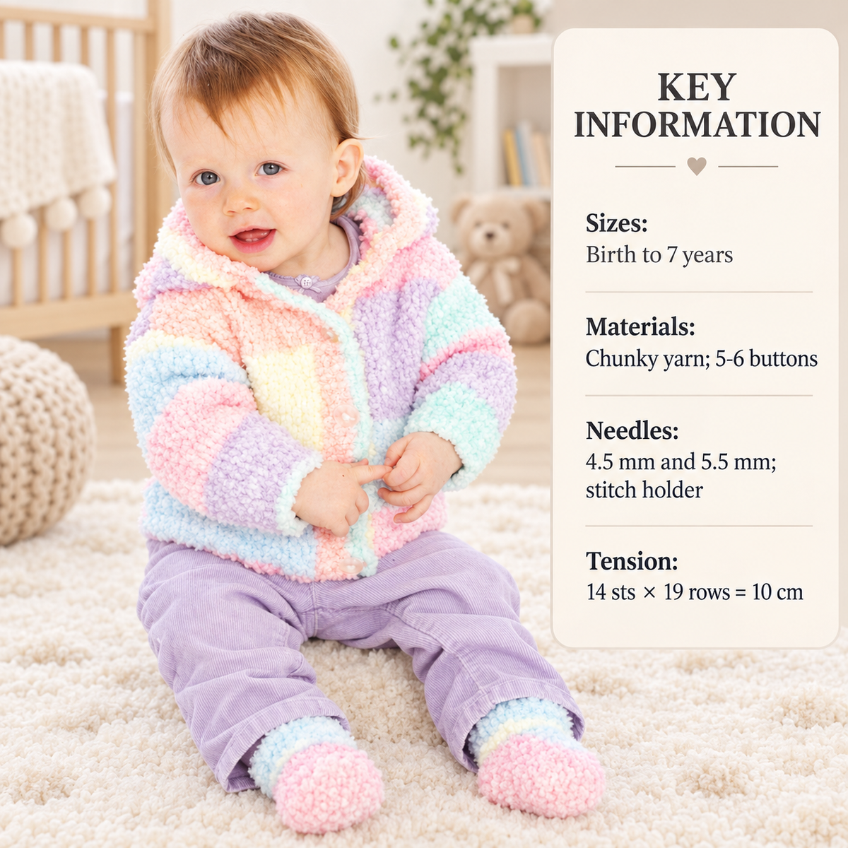 Baby Boy - Girl Easy Hooded Jacket in snowflake Chunky Bulky 12 ply wool - 16 - 26"  (0 - 7 y) Instant Download PDF Knitting Pattern