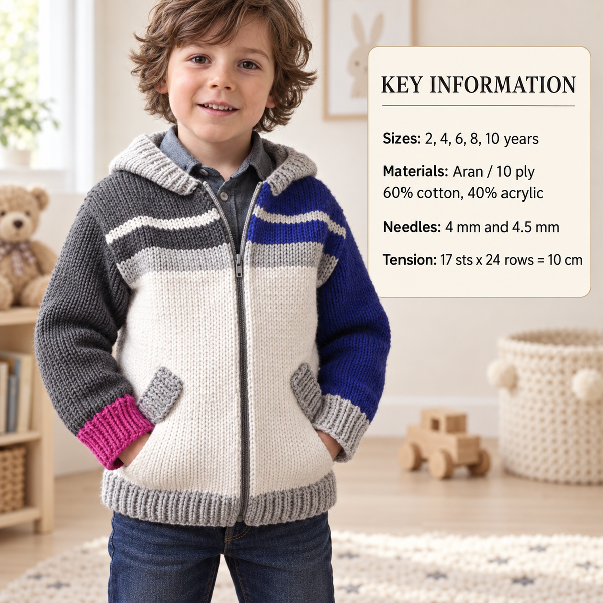 Easy Boys round neck Stripe Zipped Hooded Jacket with pocket -2-10 years Aran 10 Ply Worsted -  Knitting Pattern PDF Digital Download