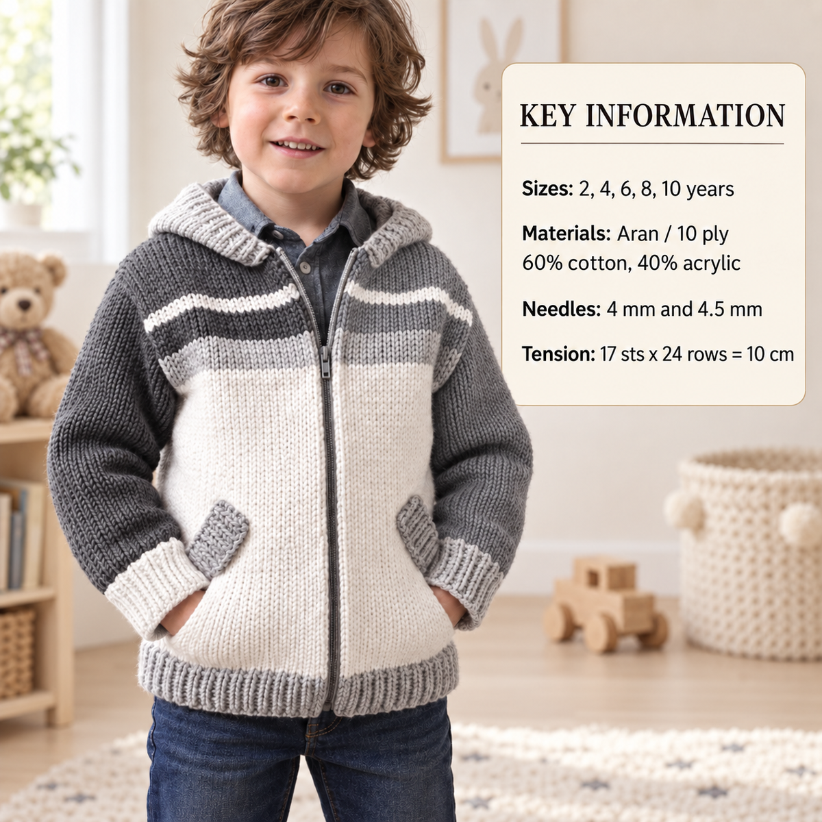 Easy Boys round neck Stripe Zipped Hooded Jacket with pocket -2-10 years Aran 10 Ply Worsted -  Knitting Pattern PDF Digital Download