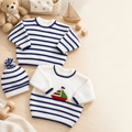 Easy Knit Baby Stripe Jumpers & pom pom Hat- embroidered motif -fits Premature 12"  up to  -24" ~  Knitting pattern
